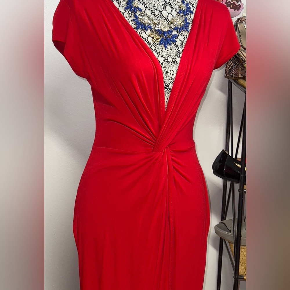 Sexy Red Dress Deep Plunge V Neckline to Navel Women Size Small Waist High Slit